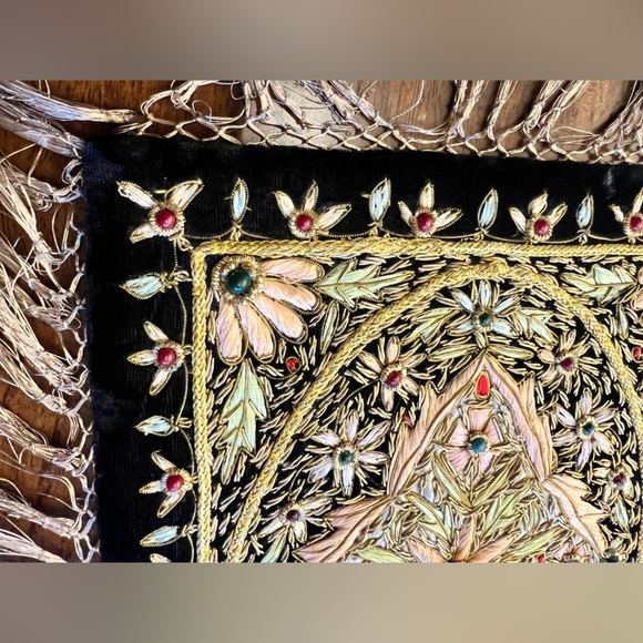 Handmade Zardozi Embroidered Wall Hanging Velvet Gold Tapestry 12x9 Indian Boho - Picture 3 of 11